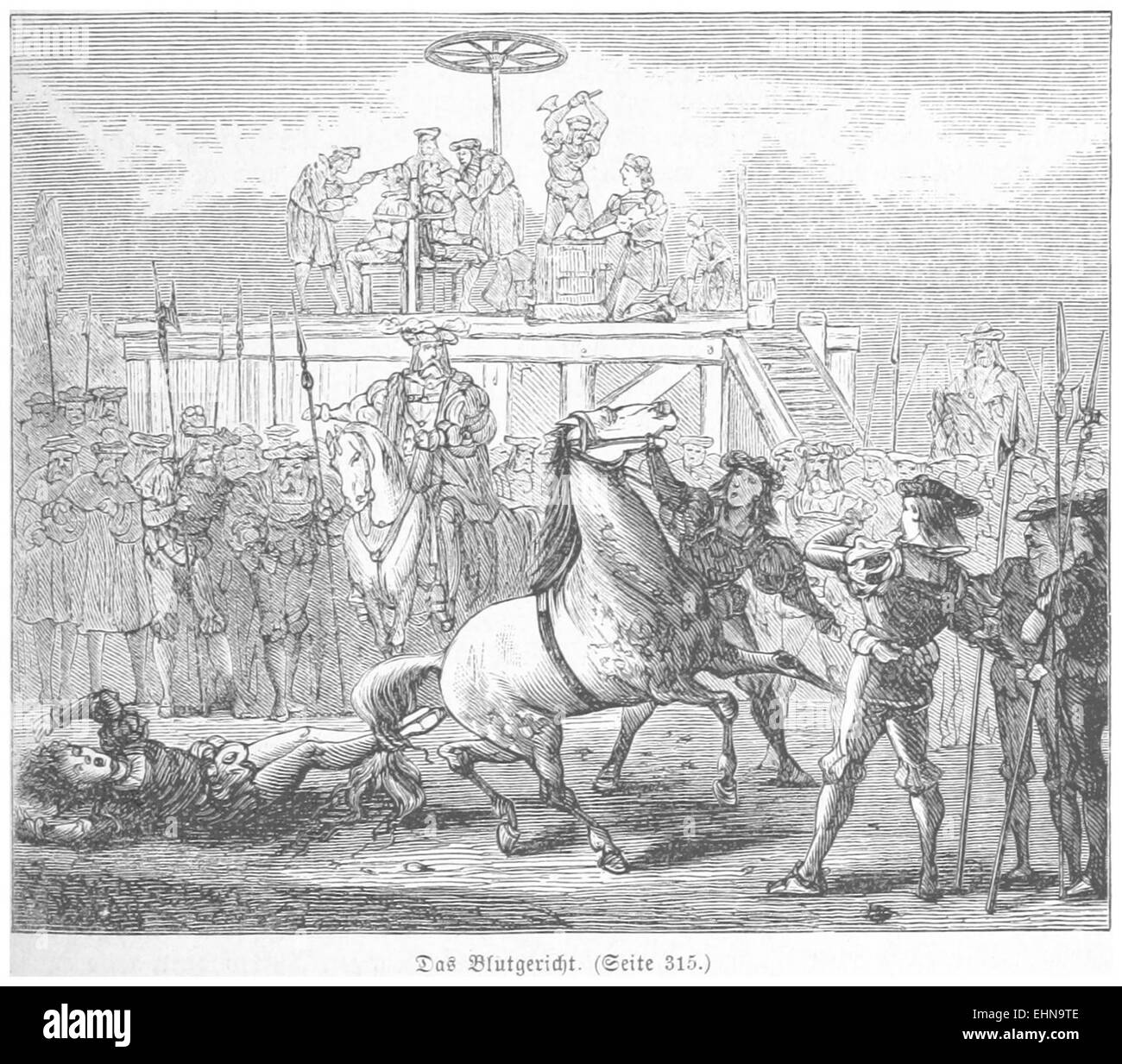 Un'illustrazione del 1880 tratta dal lavoro di Bermann *Das Blutgericht*, che si traduce in 'The Blood Court'. L'immagine probabilmente raffigura scene di procedimenti giudiziari storici o eventi associati a pene giudiziarie, offrendo un'idea della storia legale europea del XIX secolo. Foto Stock