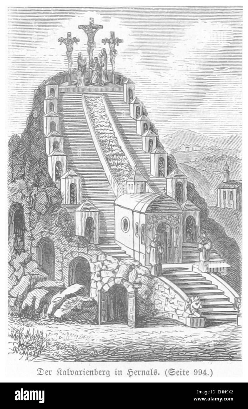 Questa illustrazione del 1880 di Bermann raffigura Kalvarienberg a Hernals, una collina a Vienna, in Austria. L'immagine evidenzia il significato religioso del luogo, noto per la sua cappella calvare e il suo ruolo negli eventi religiosi della fine del XIX secolo. Foto Stock