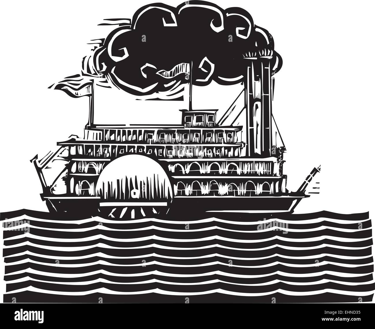 Xilografia stile ruota sul lato del fiume Mississippi steamboat sulle onde stilizzate. Illustrazione Vettoriale