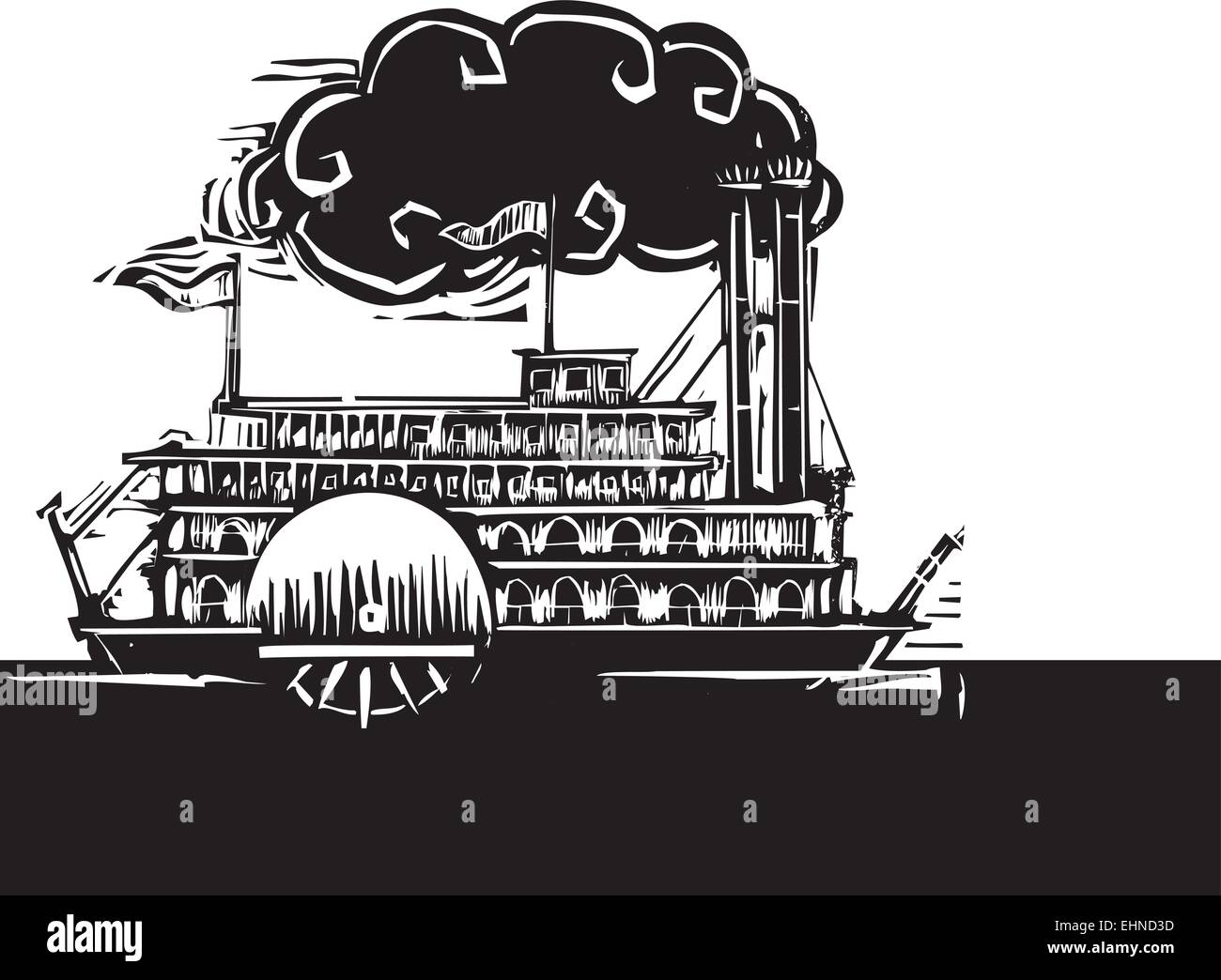 Xilografia stile ruota sul lato del fiume Mississippi steamboat sull' acqua scura. Illustrazione Vettoriale