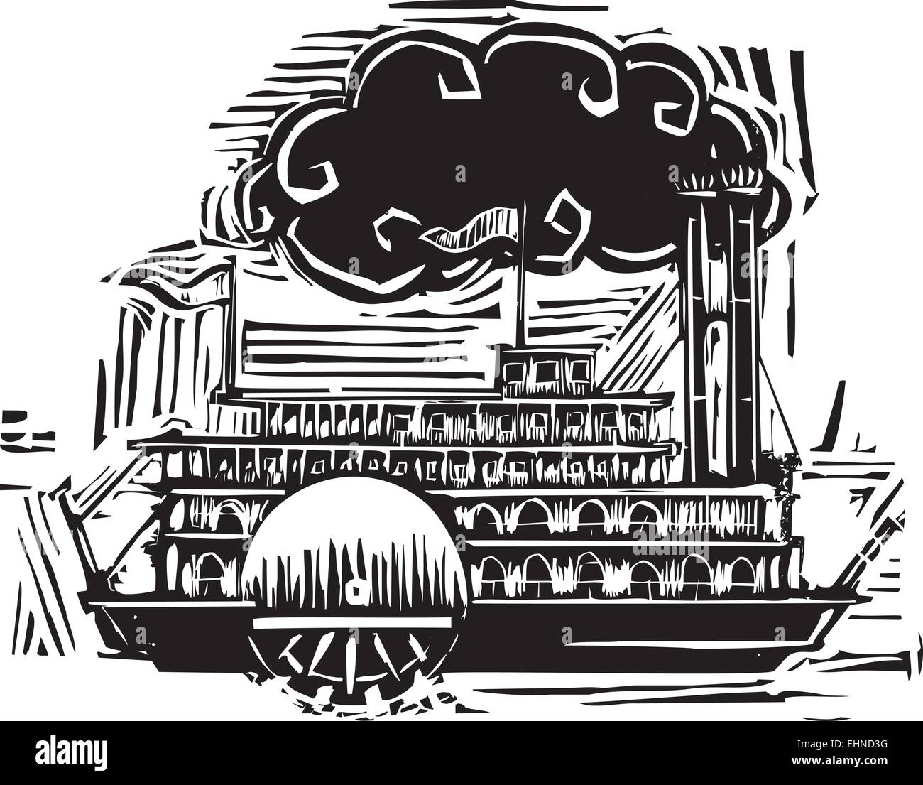 Xilografia stile ruota sul lato del fiume Mississippi steamboat. Illustrazione Vettoriale