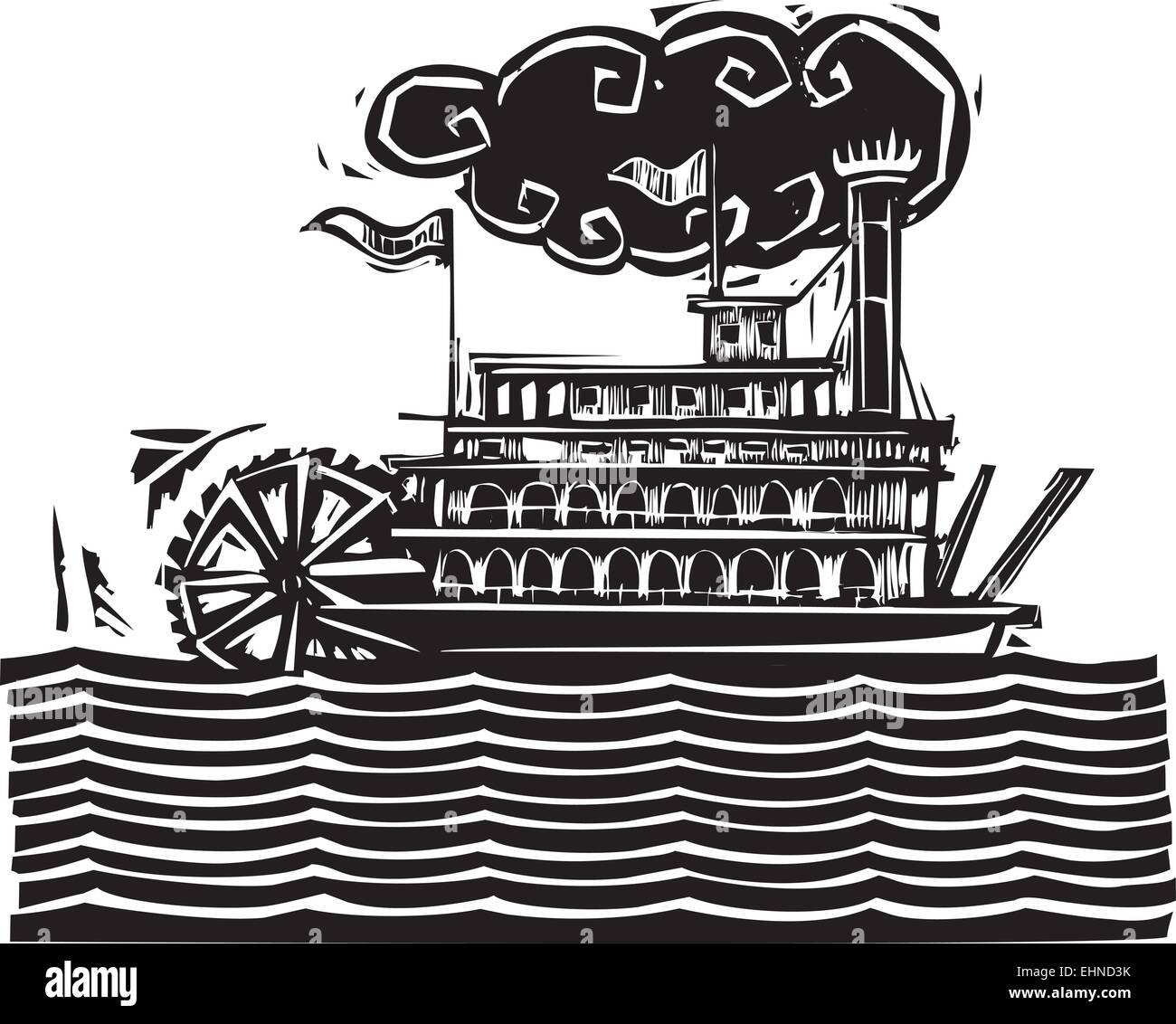 Xilografia stile ruota sul lato del fiume Mississippi steamboat sulle onde stilizzate. Illustrazione Vettoriale