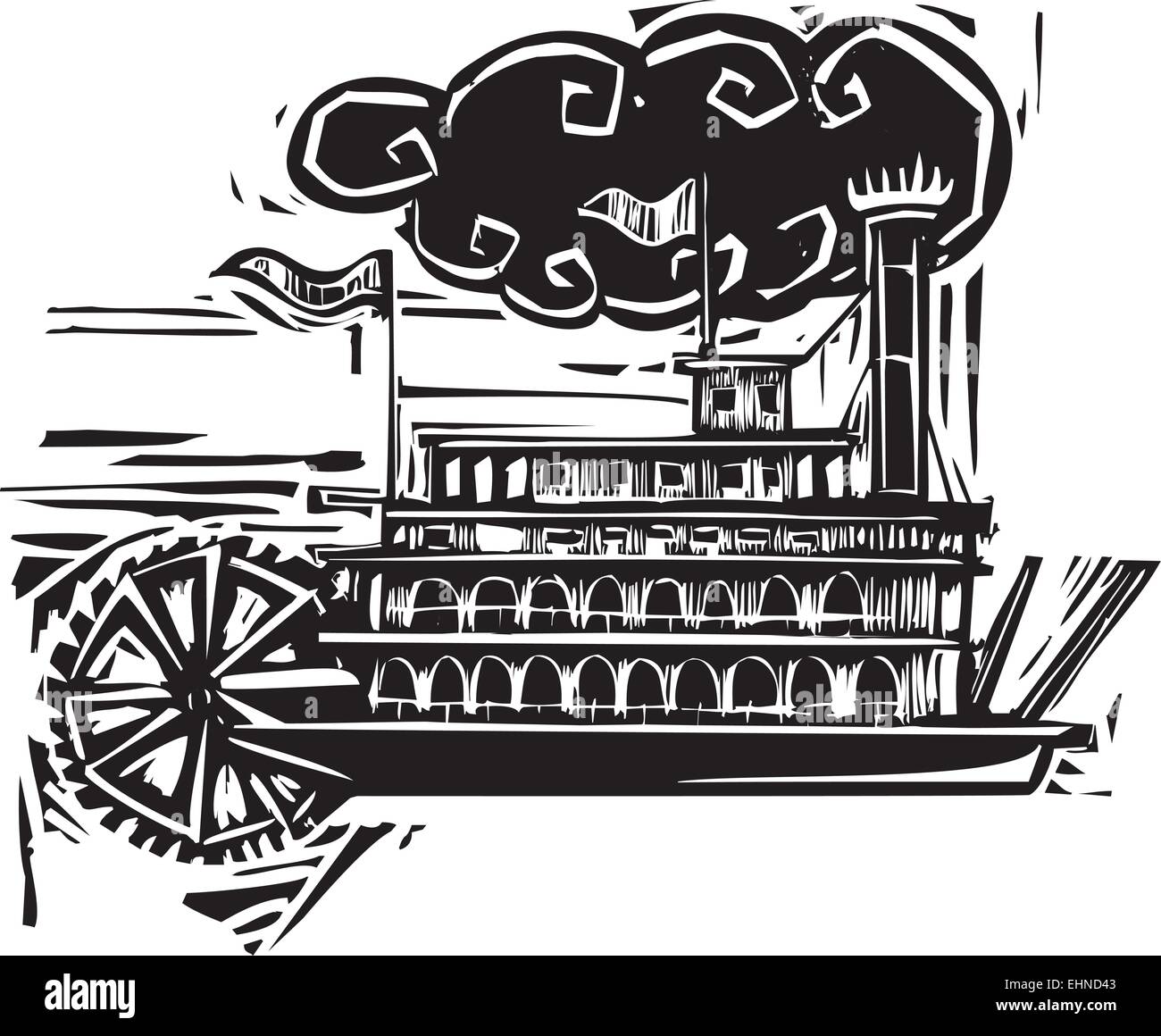 Xilografia stile ruota sul lato del fiume Mississippi steamboat. Illustrazione Vettoriale