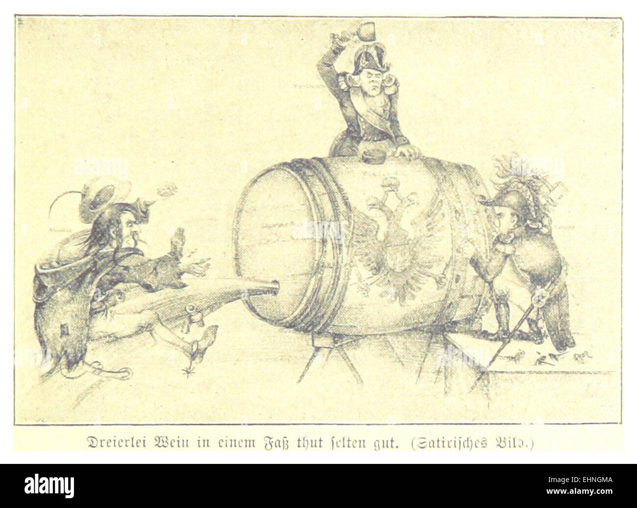 Una caricatura del 1898 di Bach, intitolata "tre tipi di vino in un barile raramente fanno bene". L'illustrazione critica umoristicamente gli effetti della miscelazione di più vini, riflettendo le opinioni sociali e culturali del tempo. Foto Stock