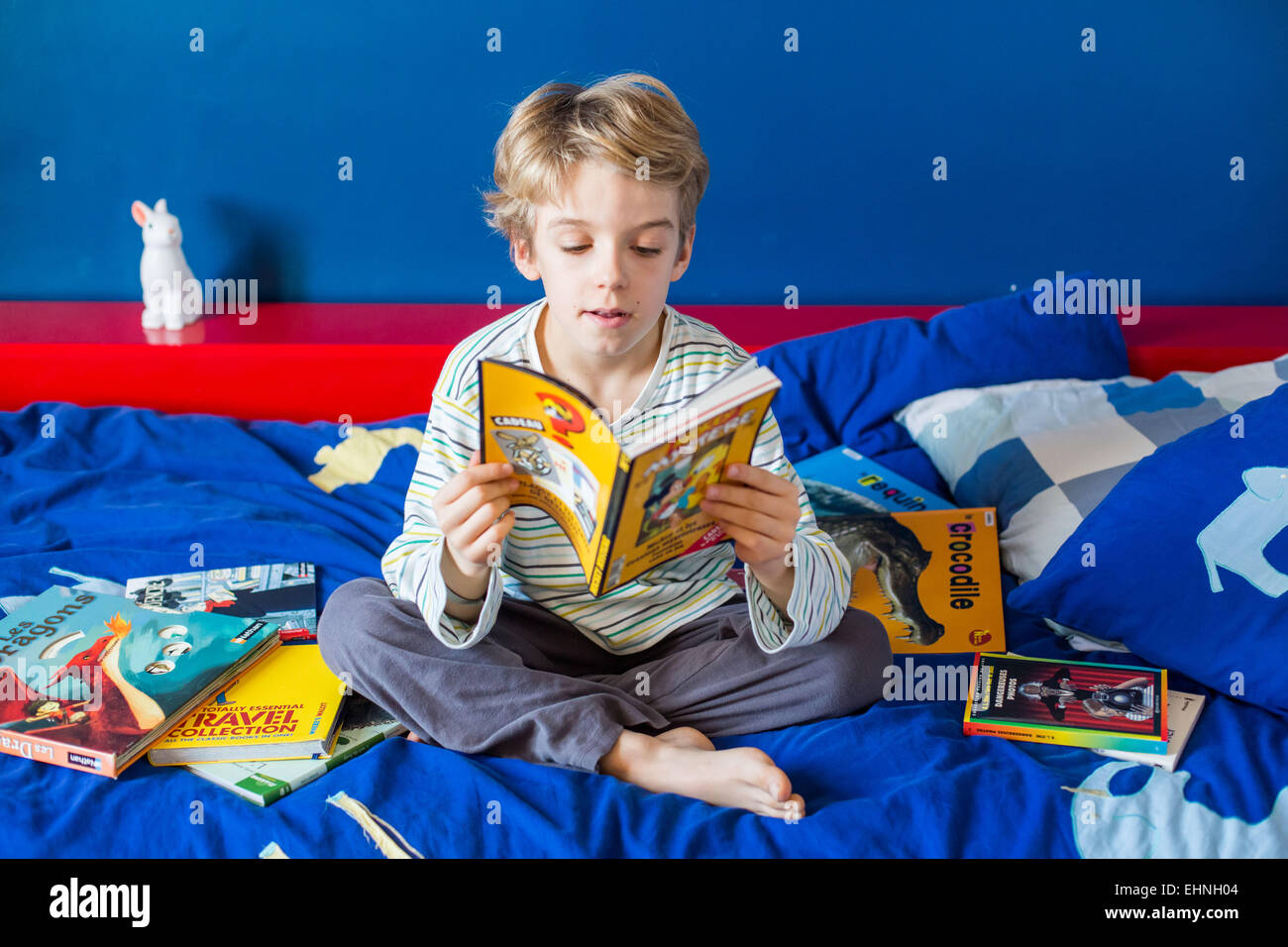 8 anno vecchio ragazzo lettura . Foto Stock