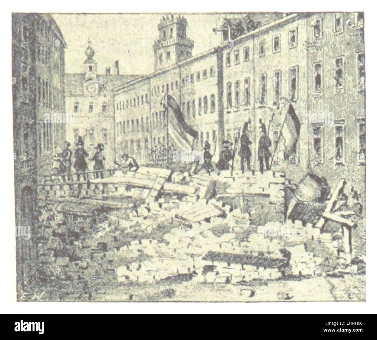 Questa pagina di 1898 della pubblicazione di Bach illustra una barricata su Untere Bäckerstraße, un evento significativo durante le rivoluzioni del 1848 in Europa. Descrive la protesta di strada come parte di una più ampia ondata di disordini politici. Foto Stock