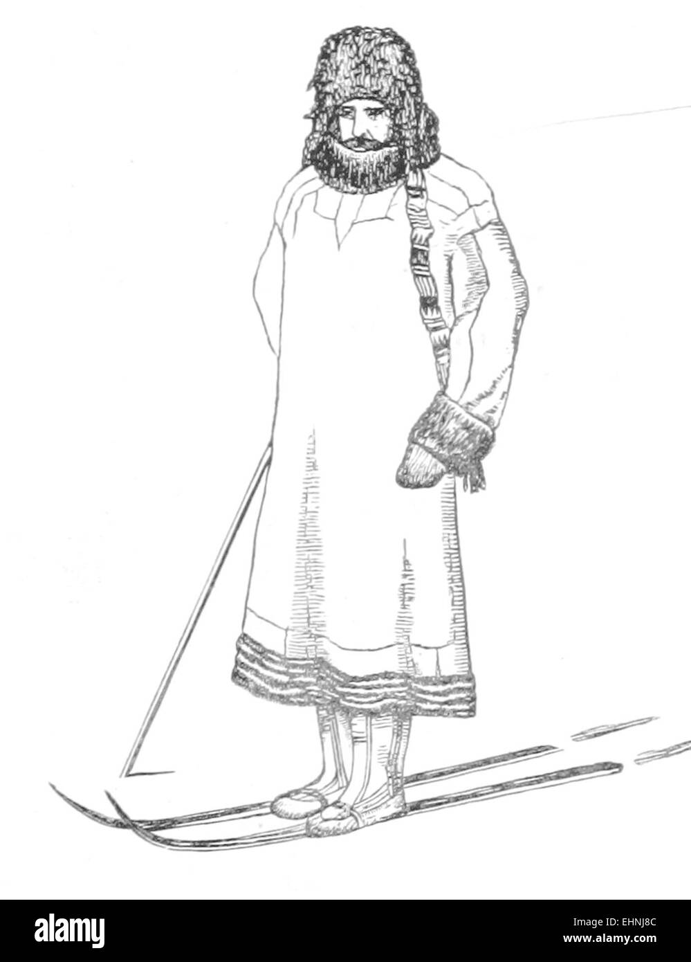 Questa rappresentazione del 1875 di Edward Rae presenta una figura vestita con abiti nativi, che riflette l'abbigliamento e le pratiche culturali dell'origine del soggetto. L'illustrazione offre uno sguardo sull'abbigliamento regionale e sugli studi etnografici del tempo. Foto Stock