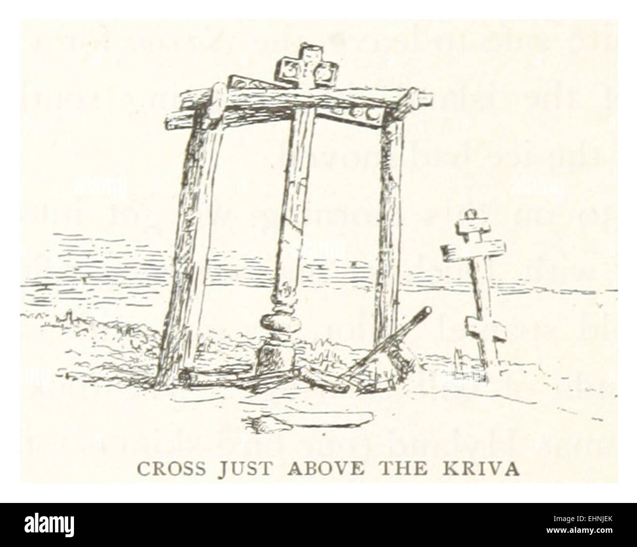 Un'illustrazione del 1895 di TB, pagina 86, che mostra la croce situata appena sopra il fiume Kriva, un importante punto di riferimento o sito religioso con un significato storico nella regione. Foto Stock
