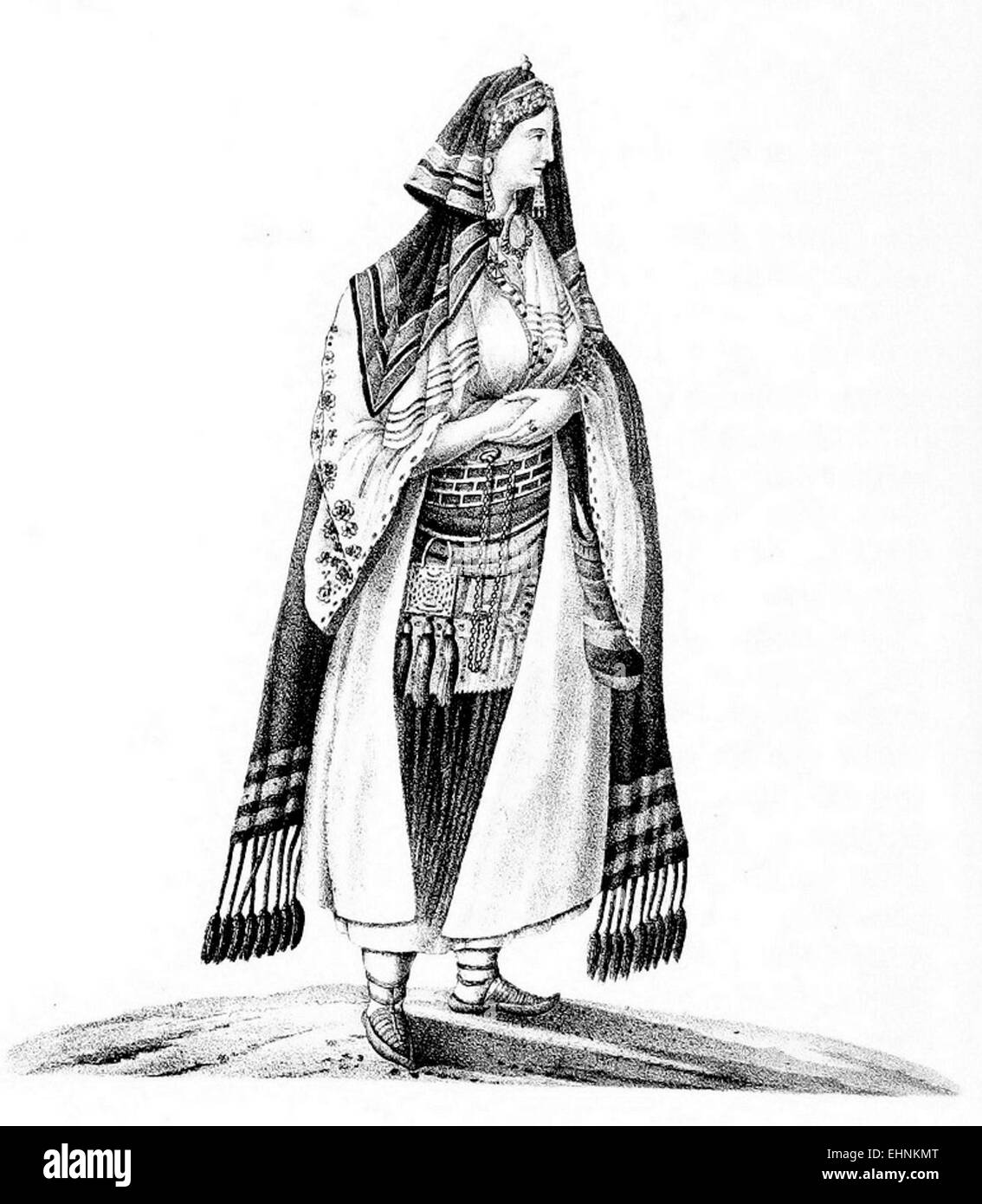 Questa illustrazione del 1841 di Kovalevsky raffigura una donna montenegrina che cattura l'abbigliamento tradizionale e le caratteristiche culturali della regione. L'opera d'arte offre uno sguardo sulla vita e i costumi dei montenegrini all'inizio del XIX secolo. Foto Stock