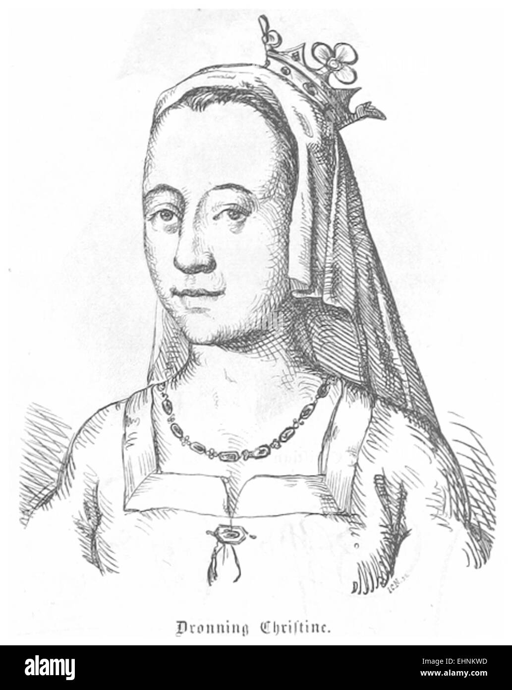 Pagina 19 dal lavoro di J.H. del 1856 sulla Danimarca, con Christine, probabilmente riferendosi a una figura o un posto notevole nella storia danese. Questa pagina include un ritratto o una descrizione attinenti alla cultura danese o ad eventi degni di nota del periodo. Foto Stock