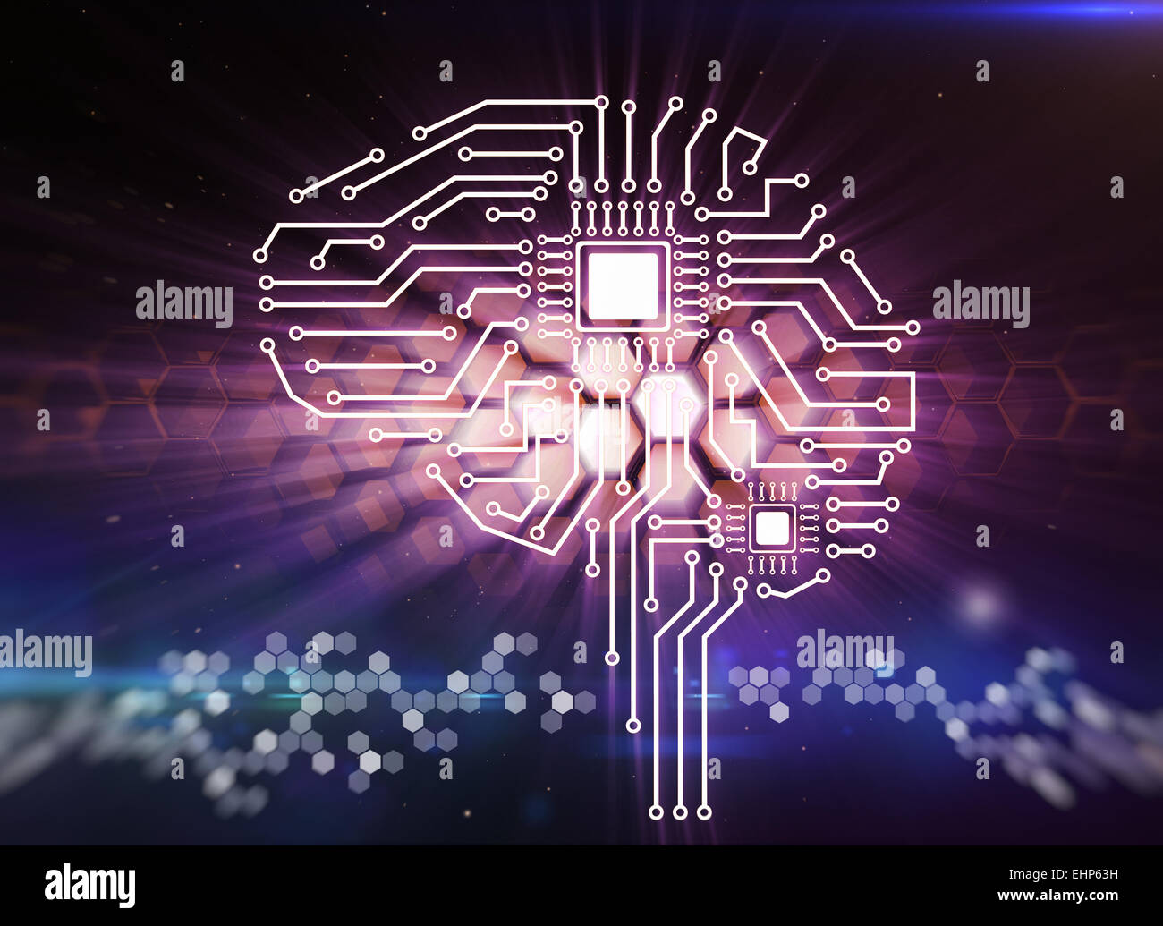 Circuito integrato del computer nella forma del cervello umano Foto Stock