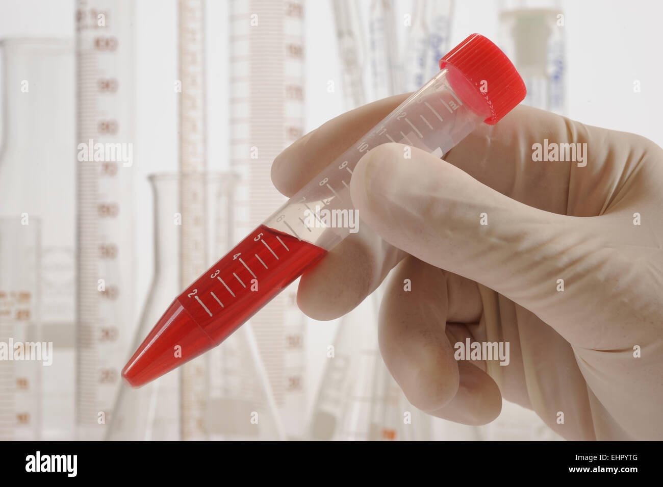 Tubo di prova con fluido rosso in laboratorio Foto Stock