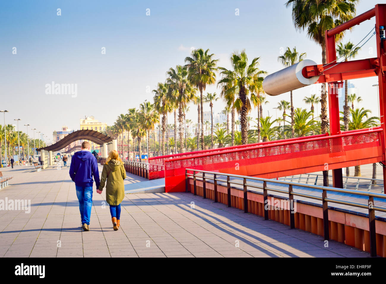 Promenade, Moll de la Fusta, Port Vell di Barcellona, in Catalogna, Spagna, Europa Foto Stock