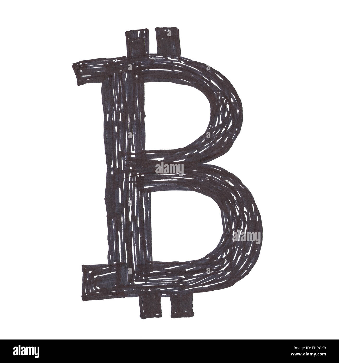 Simbolo Bitcoin, fatti a mano disegno nero di un digital cryptocurrency, lettera b su sfondo bianco. Foto Stock
