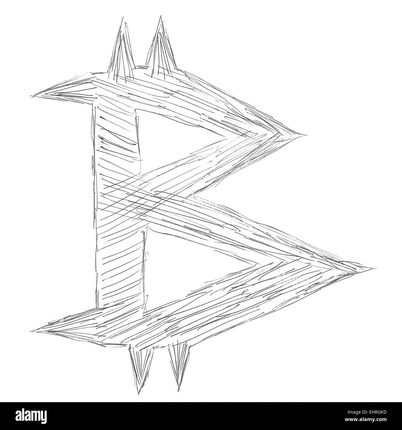 Appuntita simbolo Bitcoin, fatta a mano di disegno di un digital cryptocurrency, lettera b su sfondo bianco. Foto Stock