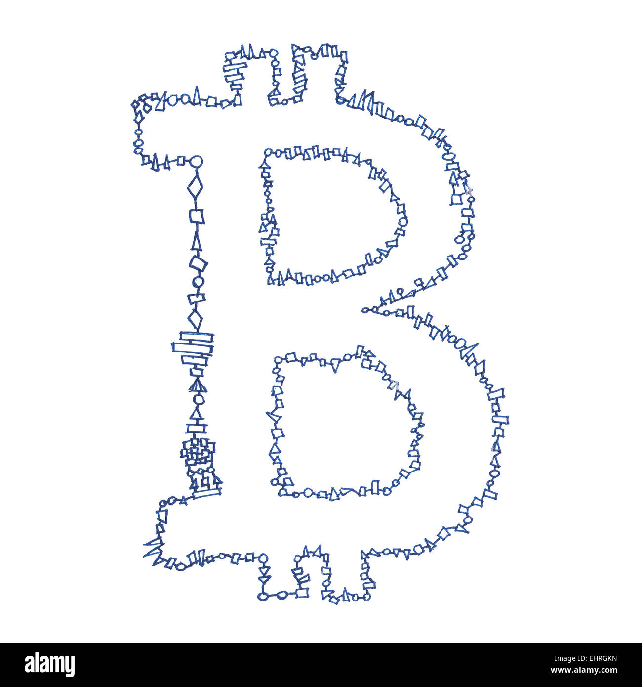 Simbolo Bitcoin, fatta a mano di disegno di un digital cryptocurrency, lettera b su sfondo bianco. Foto Stock