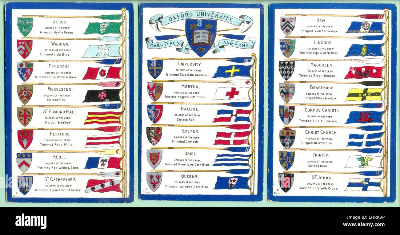 Tre cartoline che mostra i remi, bandiere e bracci di Oxford University Foto Stock