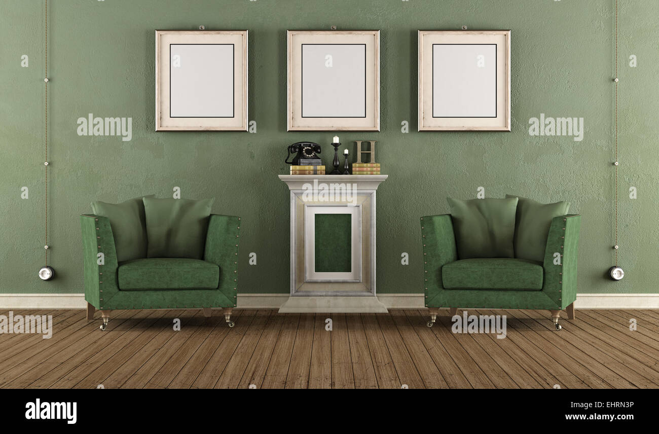 Vendemmia verde camera con due poltrone e piedistallo - 3D Rendering Foto Stock