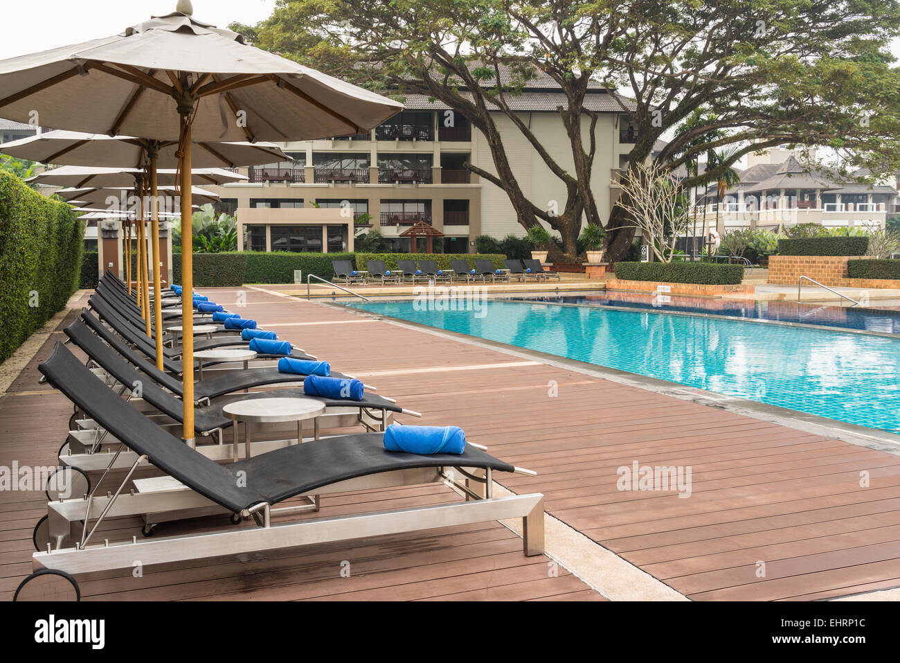 Calma Piscina e pigro Daybeds pronto per gli ospiti in una mattina fresca Foto Stock