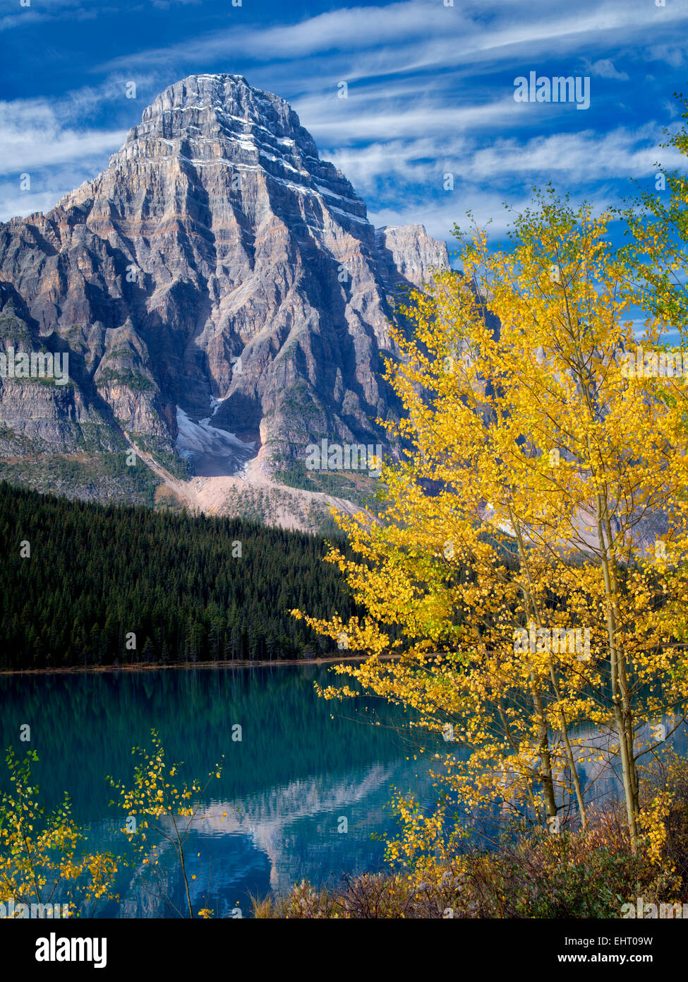 Waterfaowl laghi e Mt. Chephren con fall aspens colorati. Il Parco Nazionale di Banff. Lo stato di Alberta, Canada Foto Stock