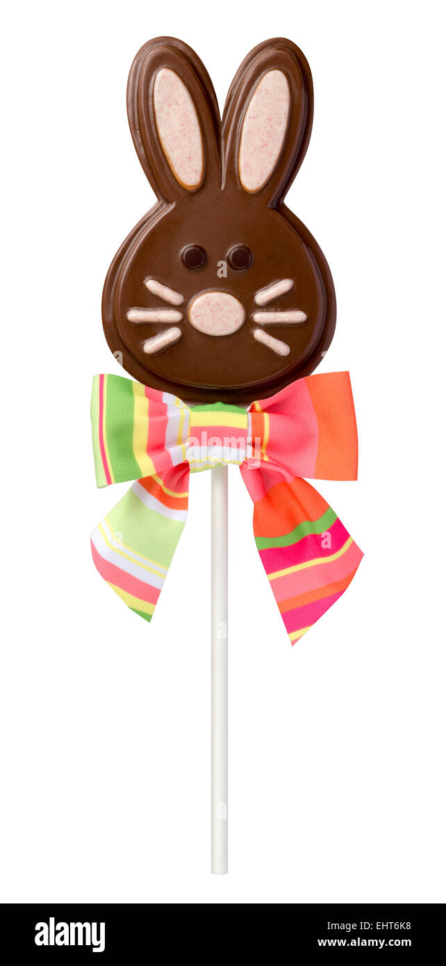 Il cioccolato coniglietto di Pasqua Lollipop isolato su bianco Foto Stock