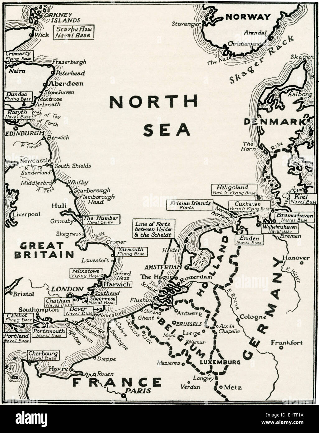 Mappa che mostra le basi navali del Mare del Nord durante la Prima Guerra Mondiale. Foto Stock