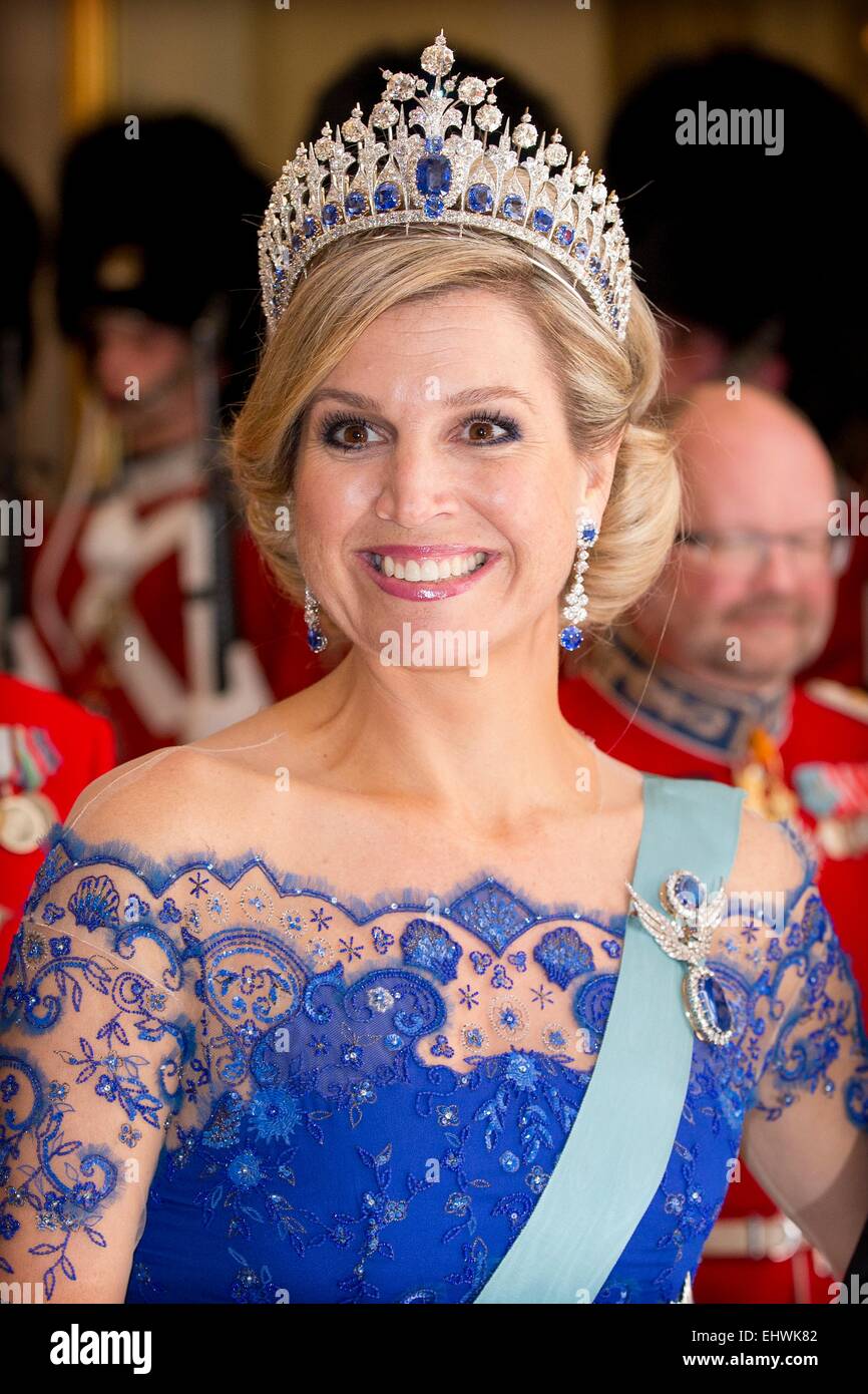 Copenhagen, Danimarca. Xvii Mar, 2015. Regina Maxima dei Paesi Bassi al banchetto di stato nel palazzo di Christiansborg a Copenhagen, in Danimarca, il 17 marzo 2015. La Dutch King e Queen sono in Danimarca per una due giorni di visita di stato. Credito: dpa picture alliance/Alamy Live News Foto Stock