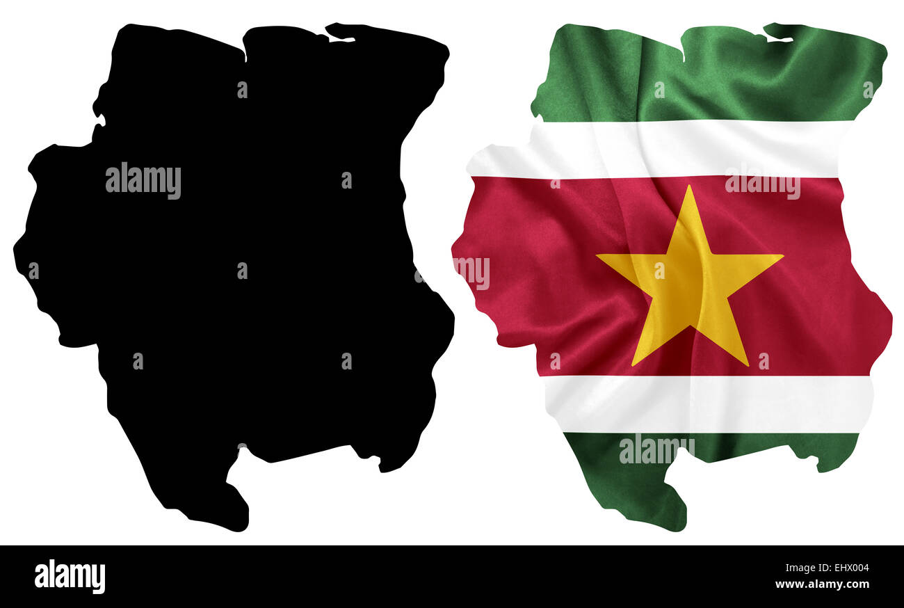 Suriname - sventola bandiera nazionale sul contorno della mappa di tessitura della seta Foto Stock