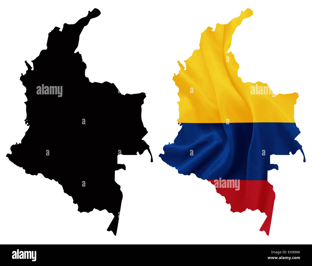 Colombia - sventola bandiera nazionale sul contorno della mappa di tessitura della seta Foto Stock
