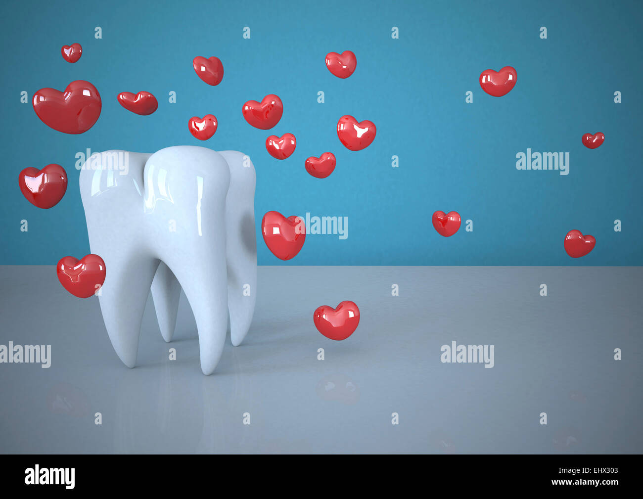 3D Rendering, dente con cuori rossi Foto Stock