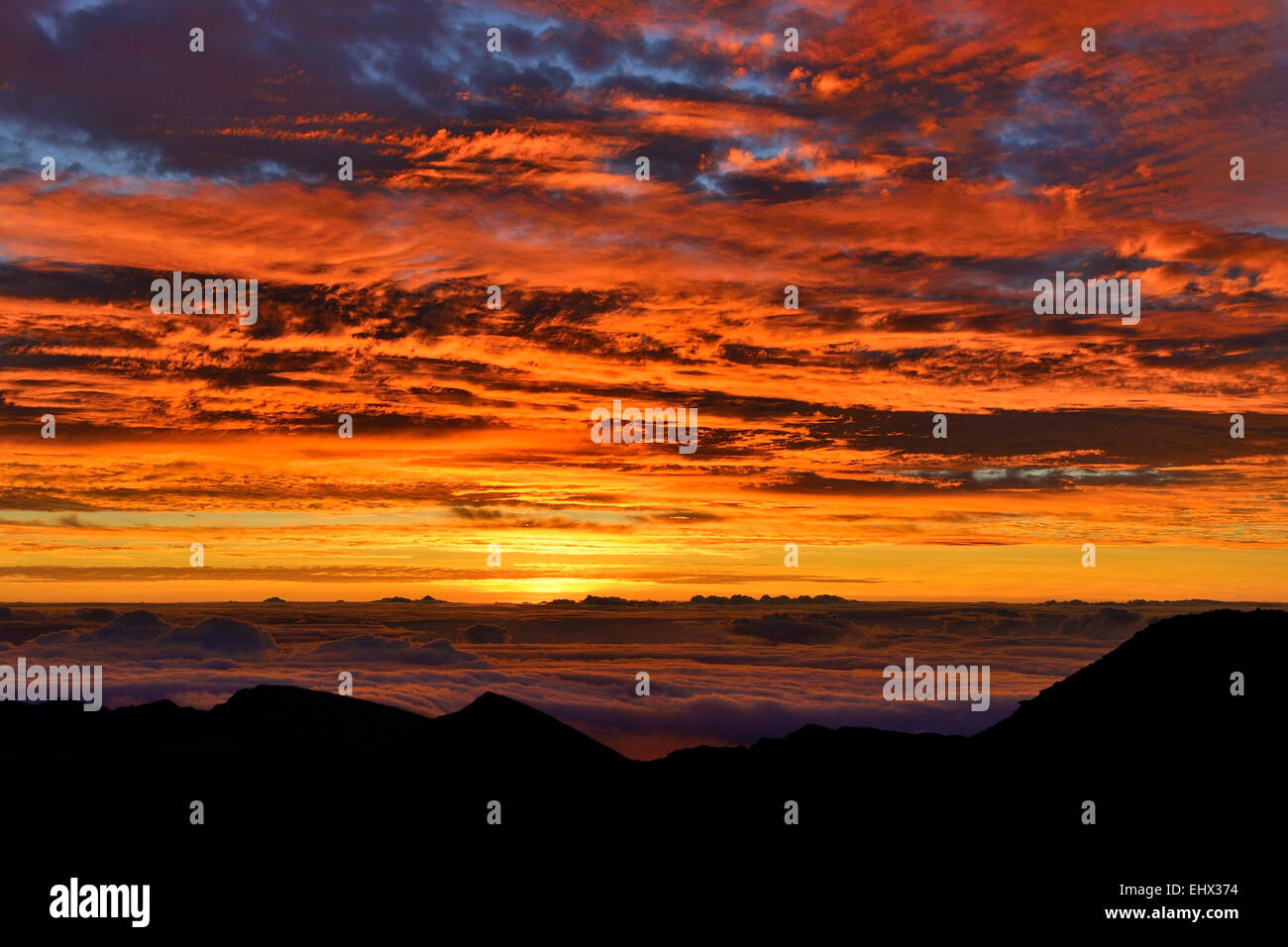 Alba da Pu'u'ulaula vertice, Haleakala National Park, Maui, Hawaii, STATI UNITI D'AMERICA Foto Stock