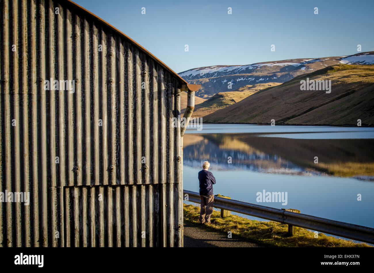 Senior uomo solo nella contemplazione dal lago Foto Stock