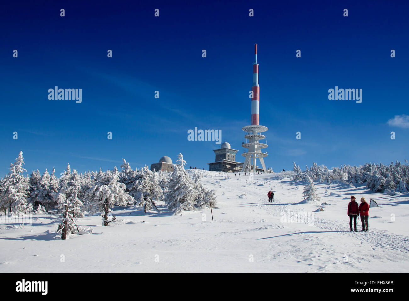 Torre di trasmissione radio e coperti di neve alberi sul monte Brocken, Harz, Sassonia-Anhalt, Germania Foto Stock