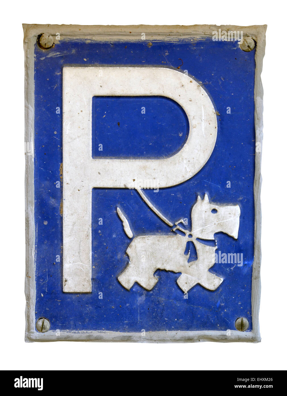 Isolamento di un divertente e Grungy cane simbolo di parcheggio Foto Stock