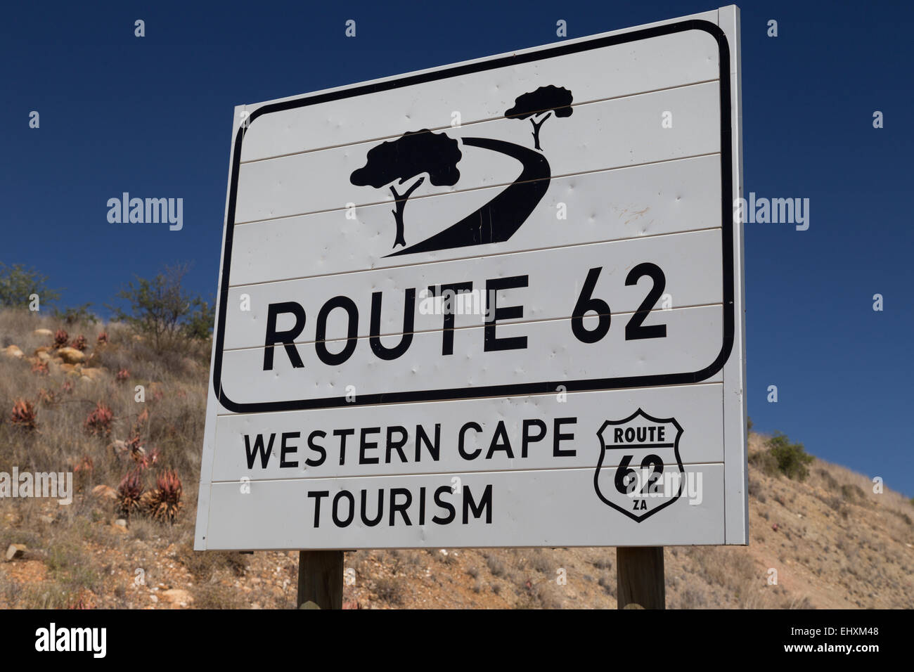 Route 62 cartello stradale sulla garden route in piccolo Karoo, Sud Africa. Foto Stock