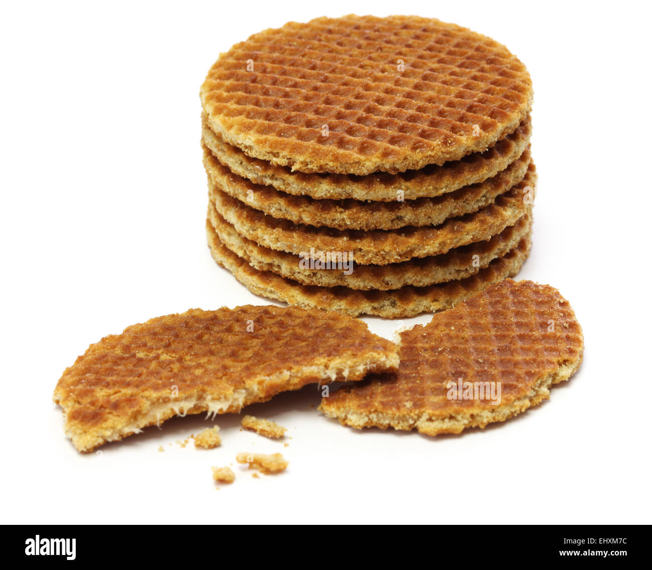 Stroopwafel olandese, caramello waffle isolati su sfondo bianco Foto Stock
