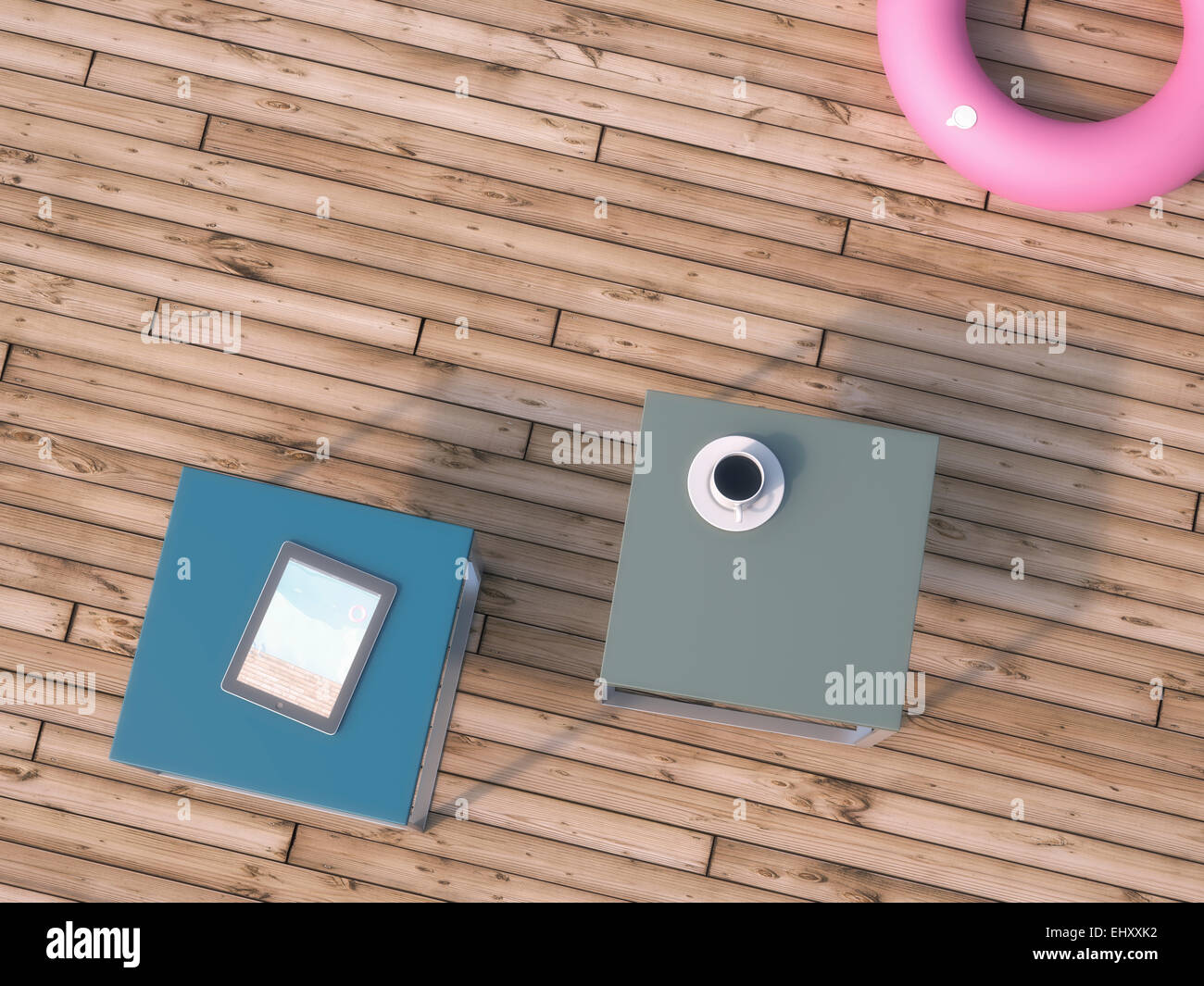 Due tavoli a lato con la tazza di caffè e la tavoletta digitale sulla terrazza in legno, rendering 3D Foto Stock