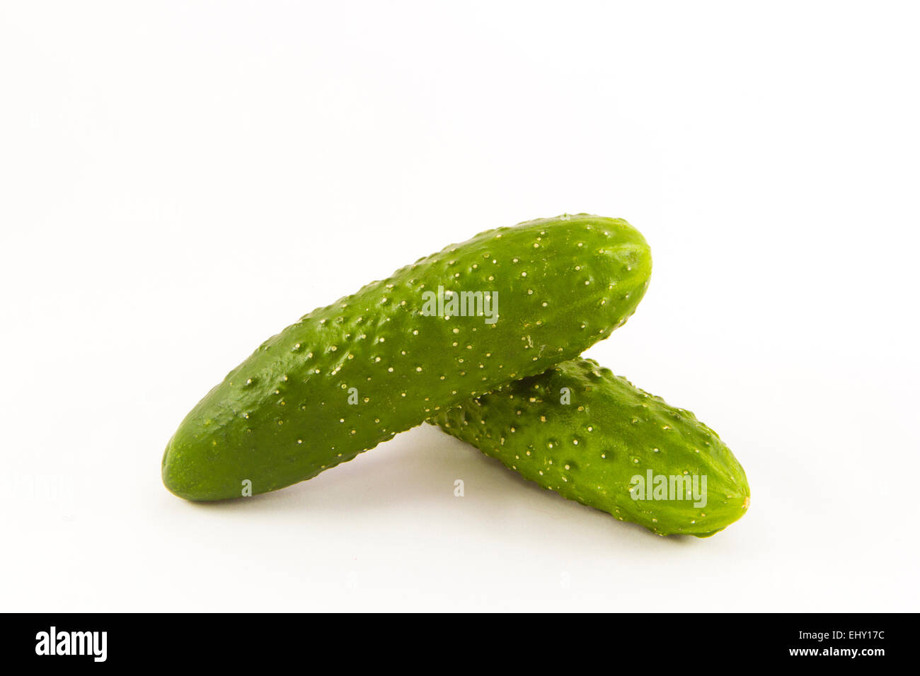 Due verdi freschi cetrioli piccoli isolati su sfondo bianco Foto Stock
