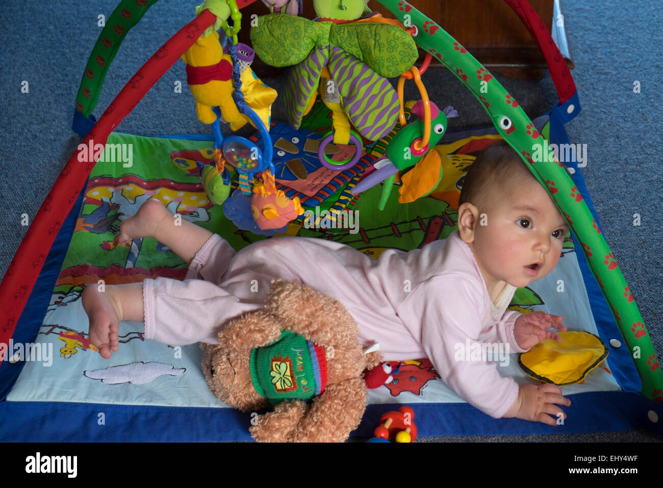 8 mese fa bambina gioca sul pavimento con il giocattolo interattivo Foto Stock