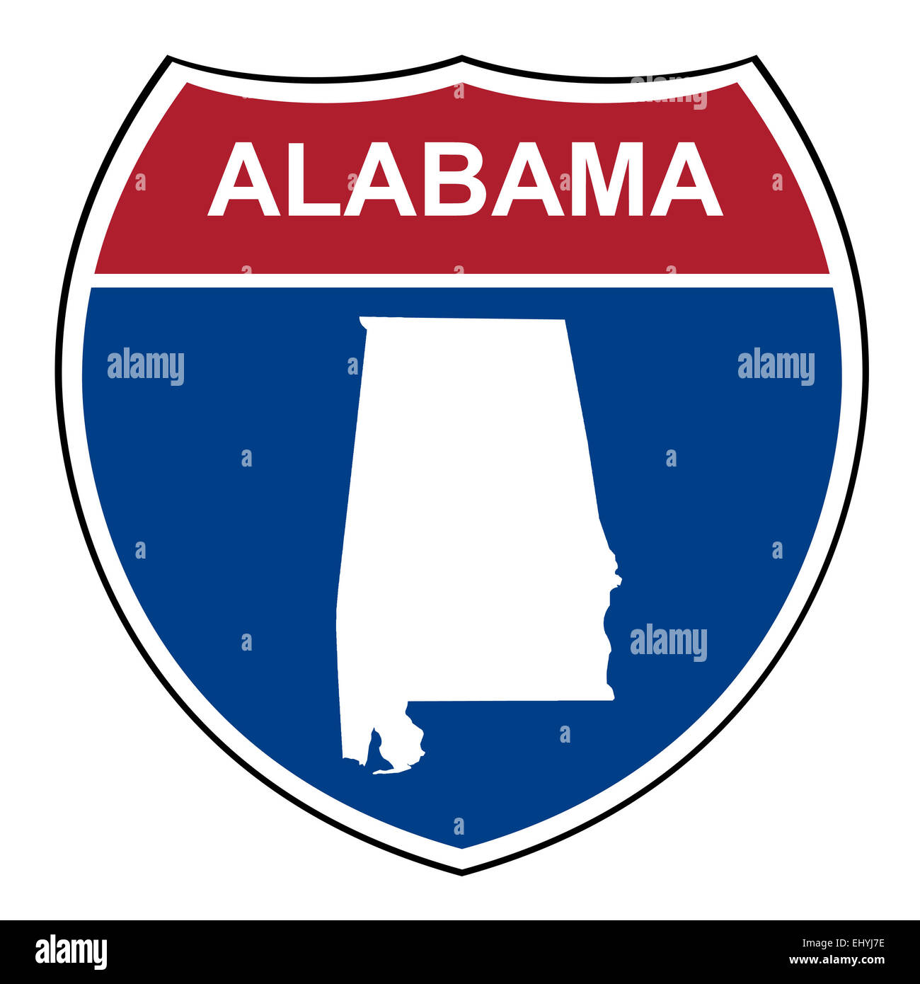 Alabama American Interstate Highway road scudo isolato su uno sfondo bianco. Foto Stock