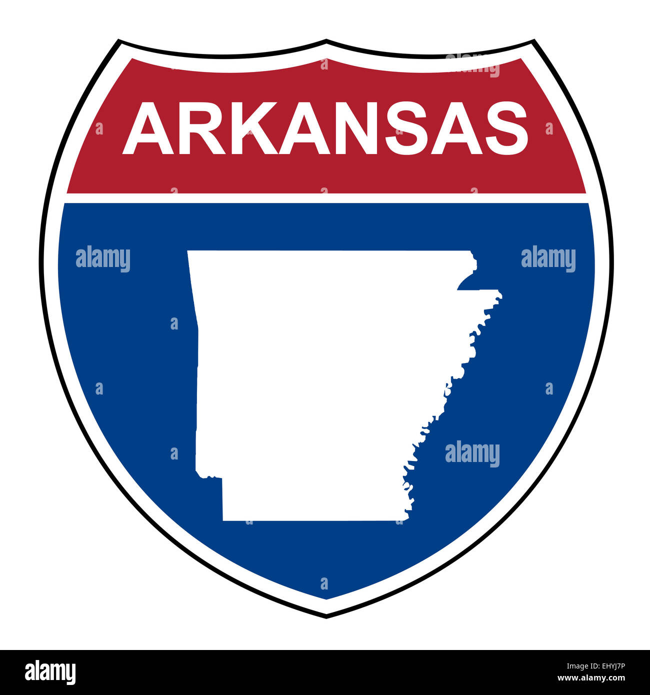 Arkansas American Interstate Highway road scudo isolato su uno sfondo bianco. Foto Stock