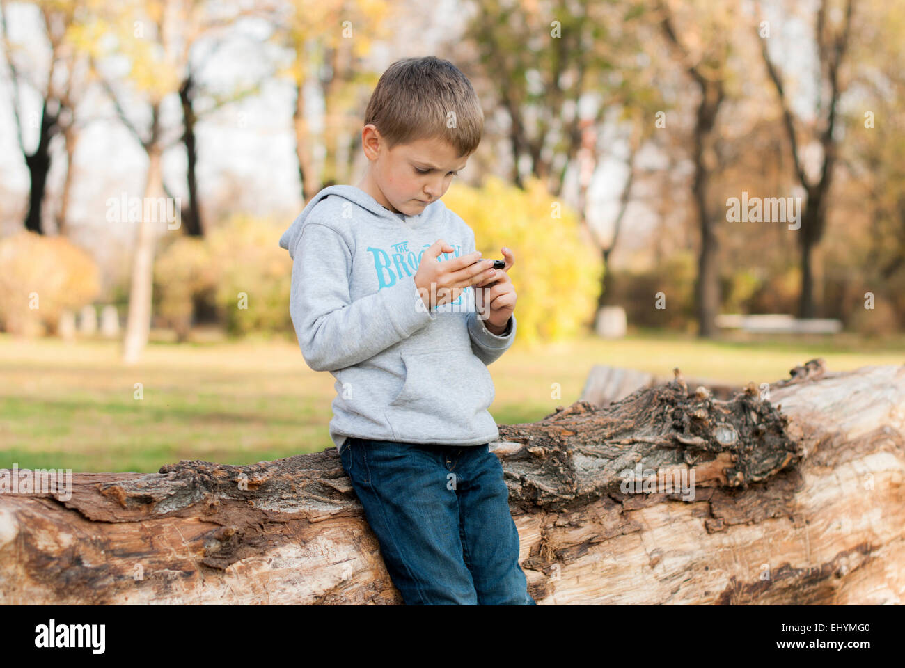 Ragazzo appoggiato contro il tronco di albero la riproduzione sul dispositivo mobile nel parco Foto Stock