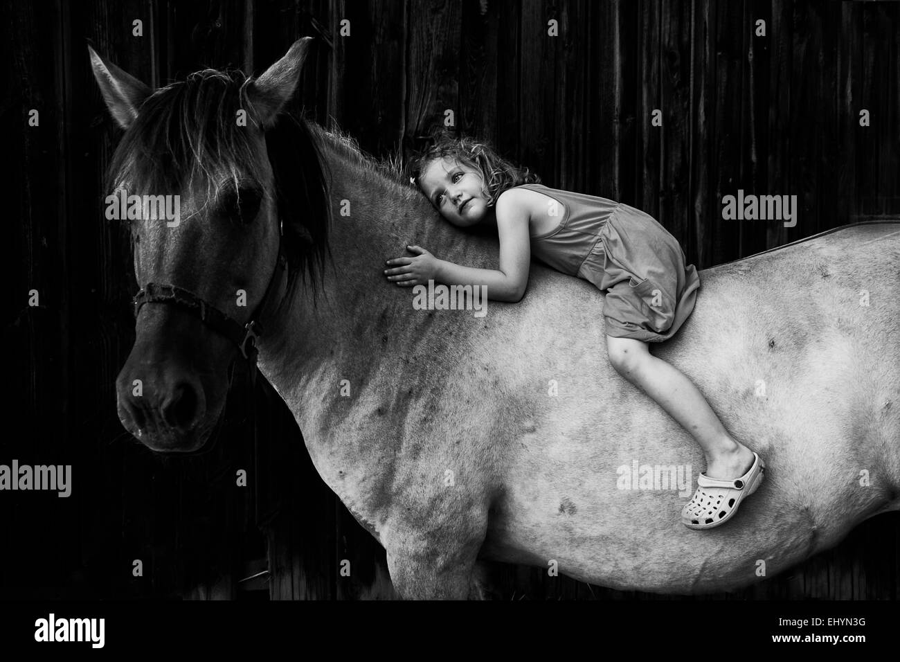 Ragazza seduta senza bareback su un cavallo Foto Stock