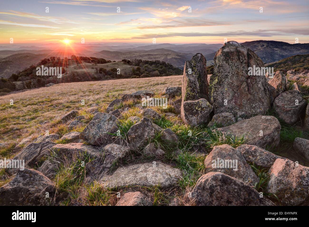 Tramonto vicino al vertice di Vulcan, CALIFORNIA, STATI UNITI D'AMERICA Foto Stock