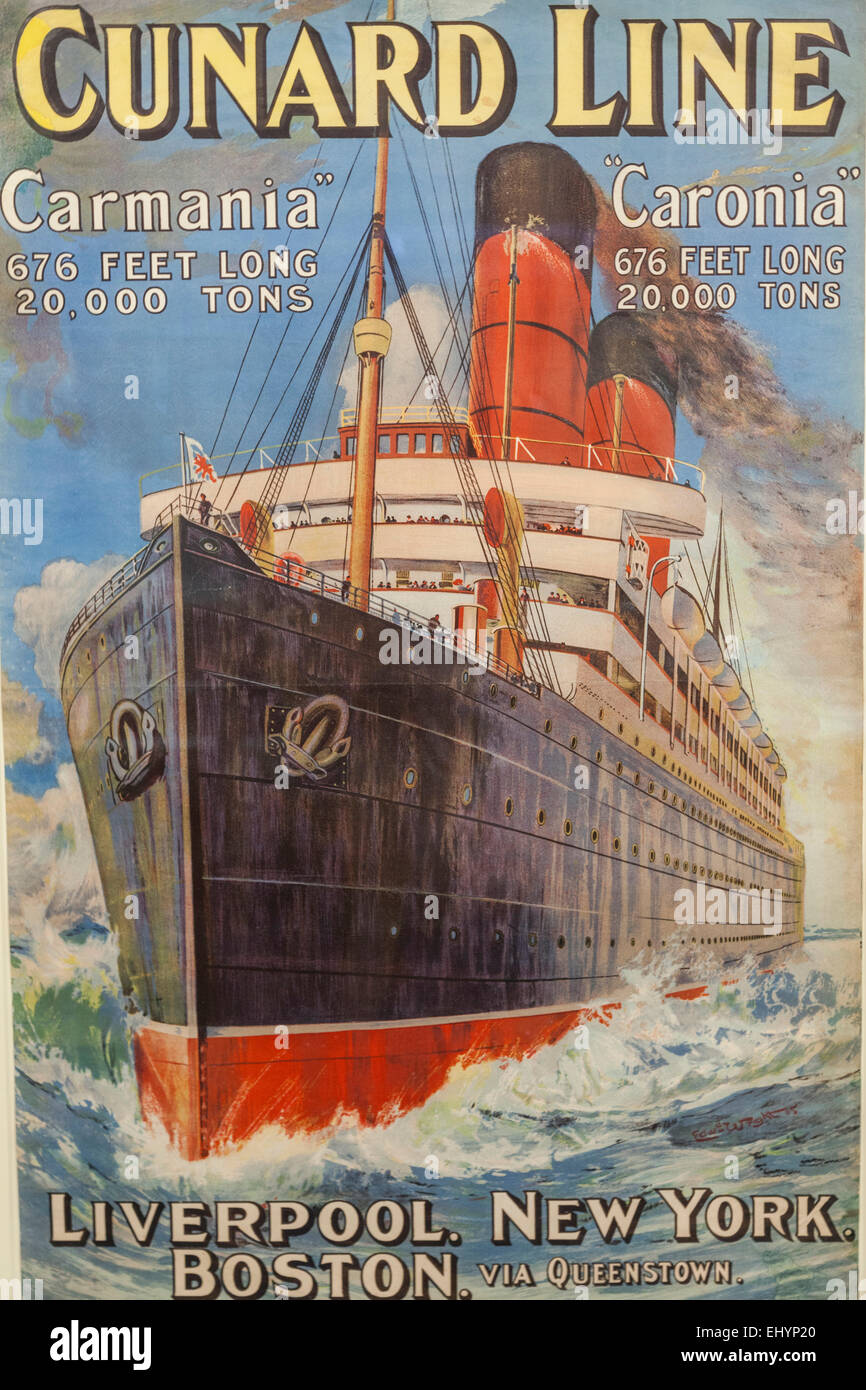 Inghilterra, Merseyside, Liverpool, città, Albert Dock, Merseyside Maritime Museum, Storico Cunard Line Shipping Company Poster fro Foto Stock