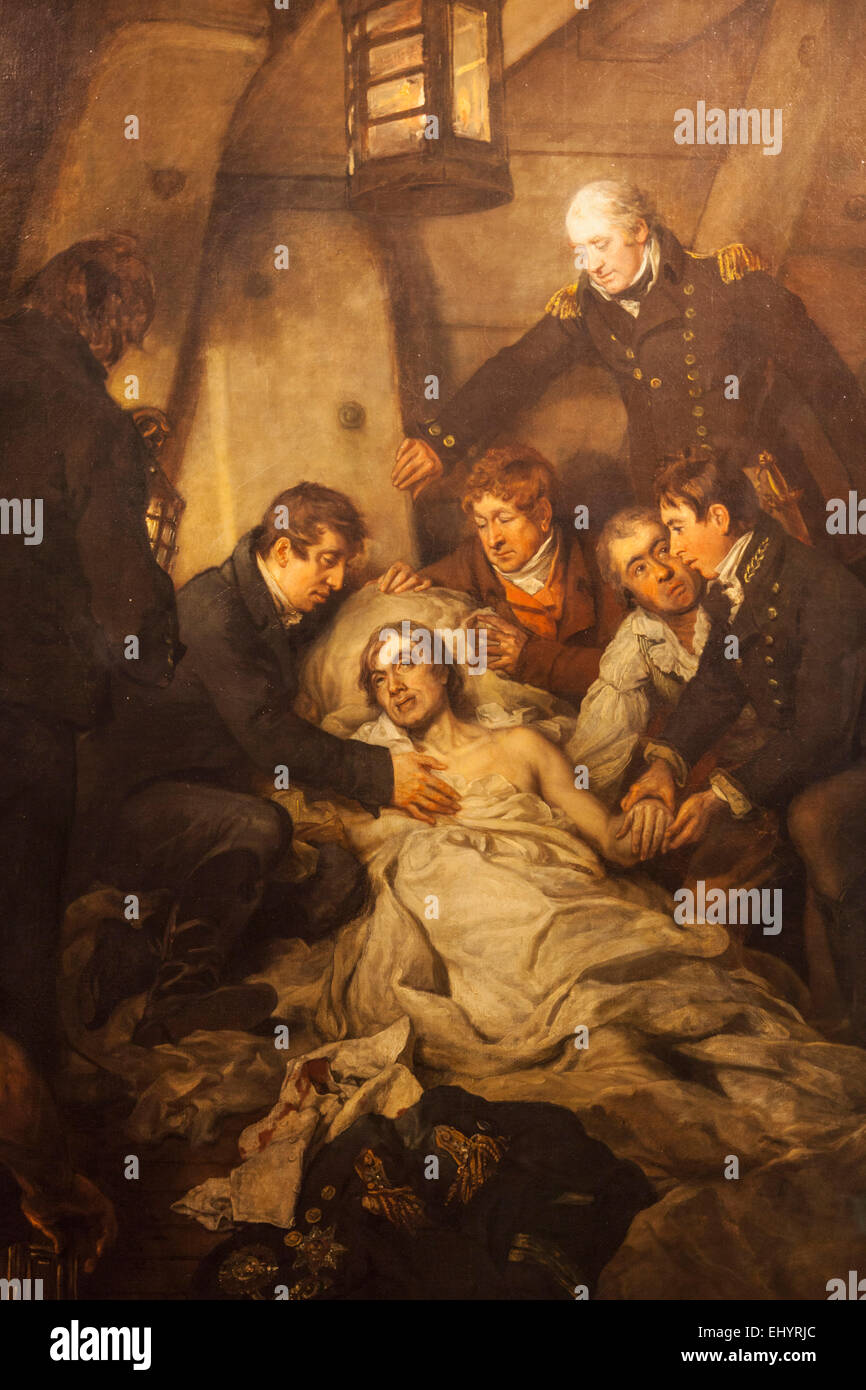 Inghilterra, Londra Greenwich, Museo Marittimo Nazionale, Pittura intitolato " La morte di Nelson" da Arthur William Devis datata 1807 Foto Stock