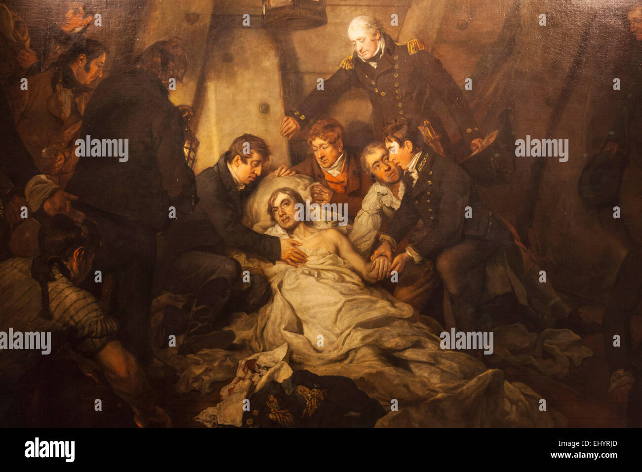 Inghilterra, Londra Greenwich, Museo Marittimo Nazionale, Pittura intitolato " La morte di Nelson" da Arthur William Devis datata 1807 Foto Stock