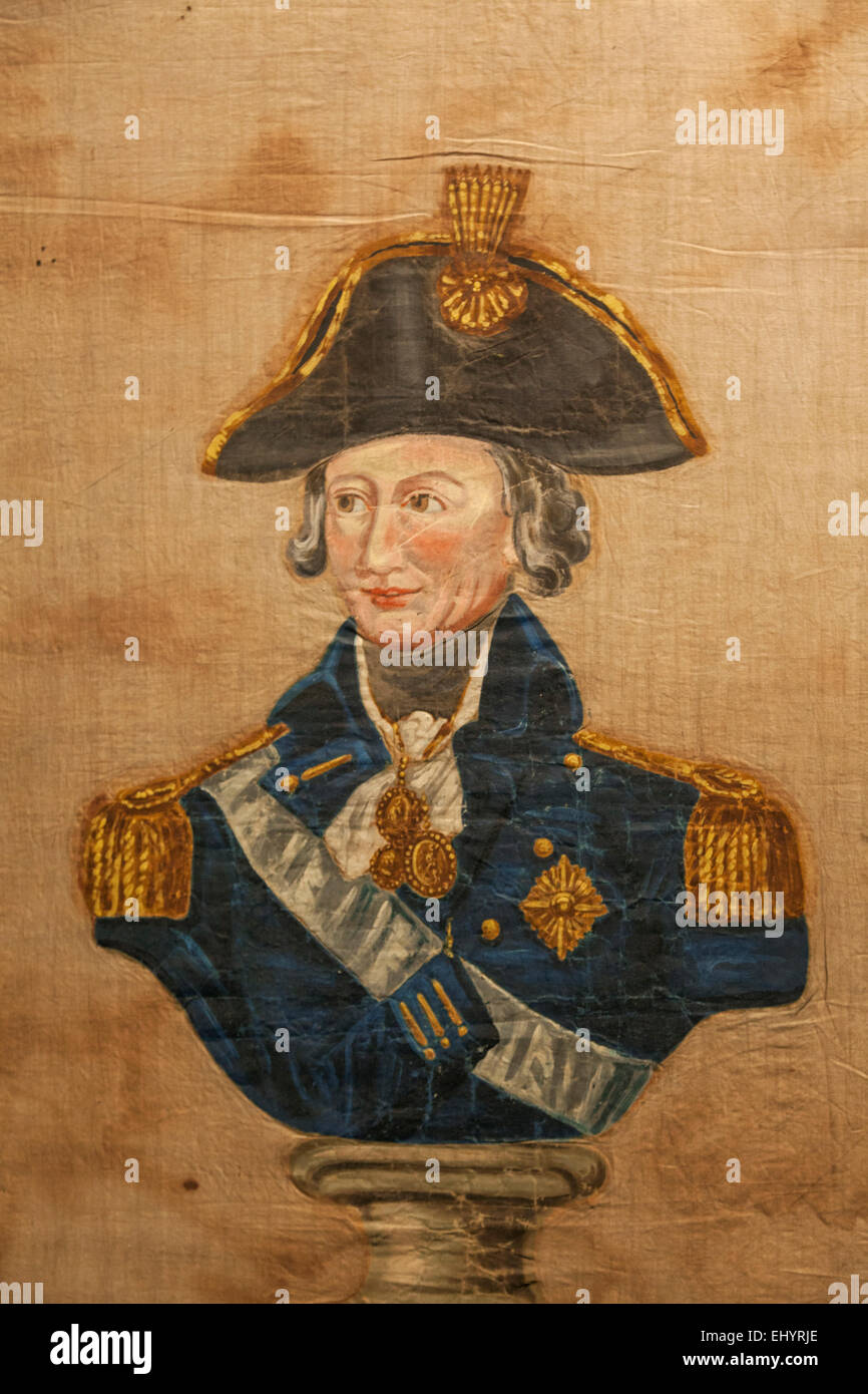Inghilterra, Londra Greenwich, Museo Marittimo Nazionale, xix secolo Nelson Banner raffigurante immagine di Lord Nelson Foto Stock