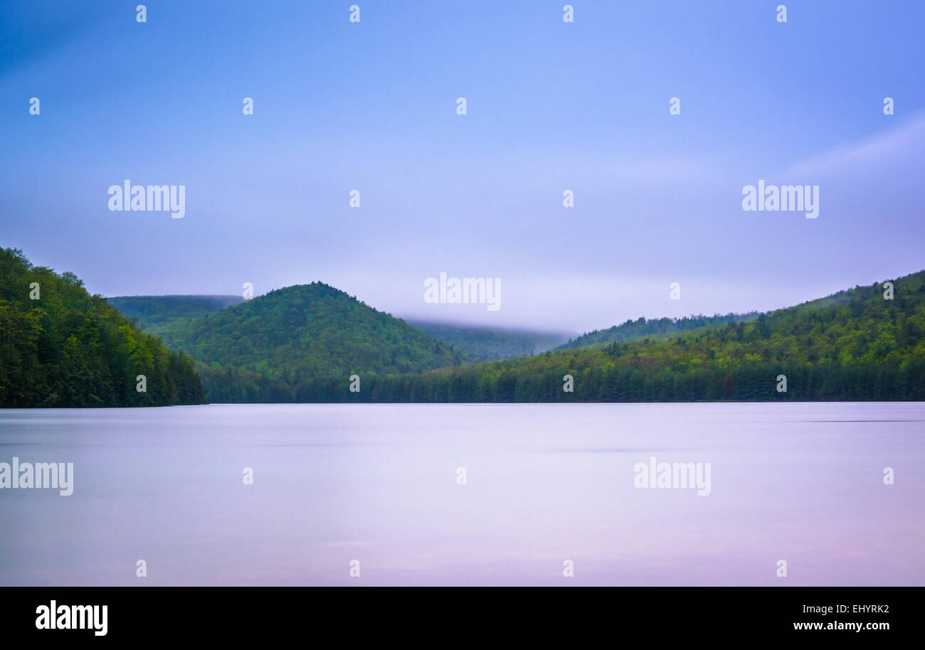 Una lunga esposizione di nuvole che si muovono su montagne e di lunga esecuzione di Pino serbatoio in Michaux la foresta di stato, Pennsylvania. Foto Stock