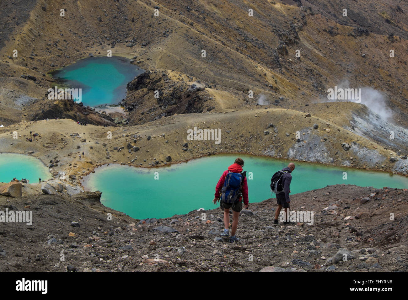 Paesaggio vulcanico andHikers a laghi smeraldo in Tongariro Crossing del Parco Nazionale di Tongariro Ruapehu Isola del nord della Nuova Zelanda Foto Stock